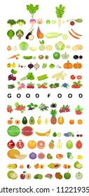 set of icons of fruits, vegetables and berries of different species are whole and in section. Set of cartoon icons isolated on white background. Colorful design for cards, banners, printed materials.