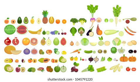 set of icons of fruits and vegetables of different species are whole and in section. Set of cartoon icons isolated on white background. Colorful design for cards, banners, printed materials.