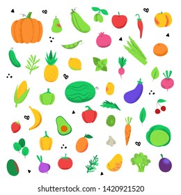 set of icons of fruits and vegetables and herbs. Set of cartoon icons isolated on white background. Colorful design for cards, banners, printed materials.