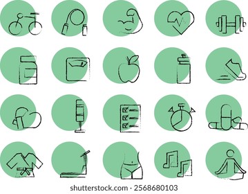 Set of icons with fun pencil or crayon lines, green details to highlight. Suitable for academia and healthcare niches.