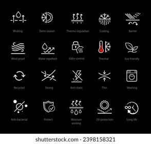 Set icons for functional fabric, clothing. Vector illustration on black background. It can be used in the adv, promo, package, etc. EPS10.