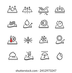 Set icons for functional fabric, clothing. The outline icons are well scalable and editable. Contrasting vector elements are good for different backgrounds. EPS10.