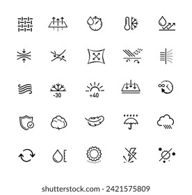 Set icons for functional fabric, clothing. The outline icons are well scalable and editable. Contrasting vector elements are good for different backgrounds. EPS10.