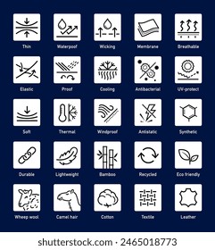 Set icons for functional fabric, clothing.The outline icons are well scalable and editable. Contrasting vector elements are good for different backgrounds. EPS10.