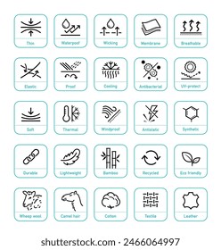 Set icons for functional fabric, clothing. The outline icons are well scalable and editable. Contrasting vector elements are good for different backgrounds. EPS10.