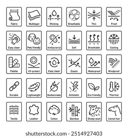 Set icons for functional fabric, clothing. The outline icons are well scalable and editable. Contrasting vector elements are good for different backgrounds. EPS10.