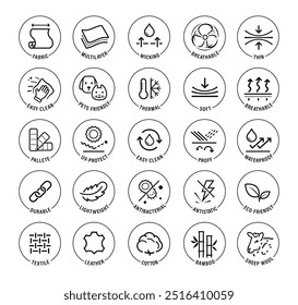 Set icons for functional fabric, clothing. The outline icons are well scalable and editable. Contrasting vector elements are good for different backgrounds. EPS10.	