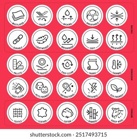 Set icons for functional fabric, clothing. The outline icons are well scalable and editable. Contrasting vector elements are good for different backgrounds. EPS10.	