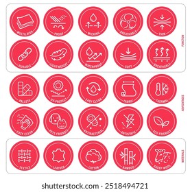 Set icons for functional fabric, clothing. The outline icons are well scalable and editable. Contrasting vector elements are good for different backgrounds. EPS10.	