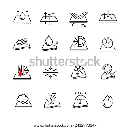 Set icons for functional fabric, clothing. The outline icons are well scalable and editable. Contrasting vector elements are good for different backgrounds. EPS10.