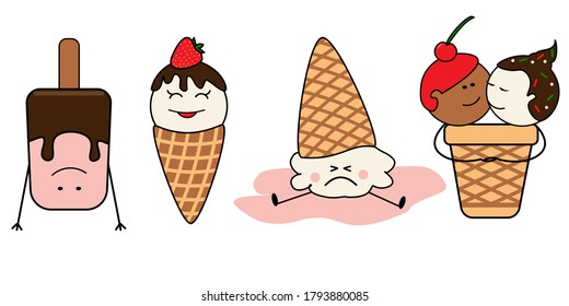 Set of icons with funny cartoon ice creams. Emotions: upset, in love, happy and laughing