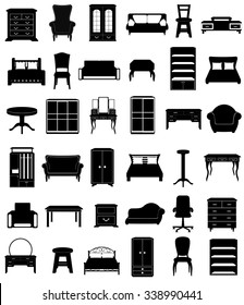 set icons furniture black silhouette outline vector illustration isolated on white background