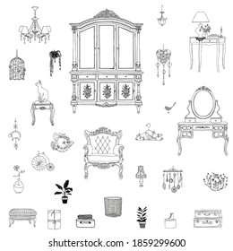 Set of icons furniture and decorative elements for interiors in Provence style.Hand-drawn vector illustration.