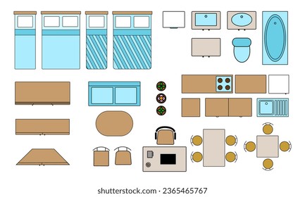 Set of icons furniture and equipment for drawing up an apartment plan, floor plan in top, birds view