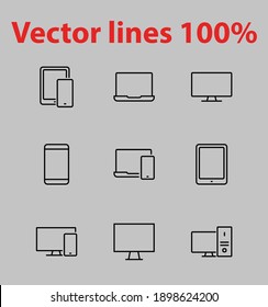 The set of icons for gadgets of electronic devices and communications contains Icons for Computer, Tablet, Phone, TV, Monitor, Laptop. Editable stroke. Vector thin icons