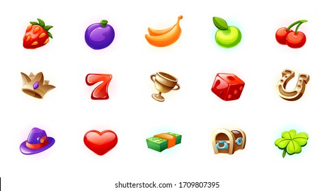 Set icons for the game interface. Casino icons for slot machines, lotteries. Bonus logos for gambling. Strawberry, banana, apple, cherry, crown, bowl, cube, horseshoe, heart hat clover vector