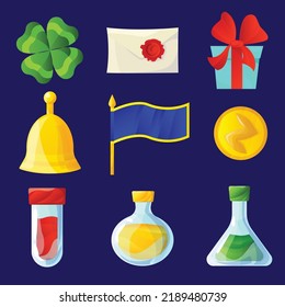 Set of icons for game interface. Clover leaf, letter, gift box, bell, flag, coin, various transparent vessels with liquids. Flat vector elements for mobile arcade and casual games