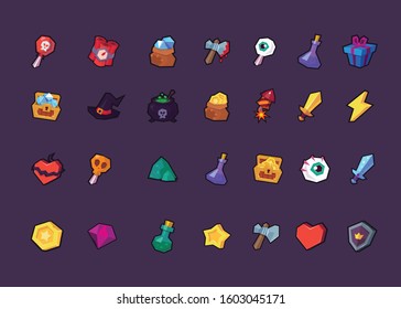 Set icons for gaming interface. Big vector set for casual, cartoon game. Bomb, gift, hat, chest, gold, shield, star, sword, magic - all vector objects