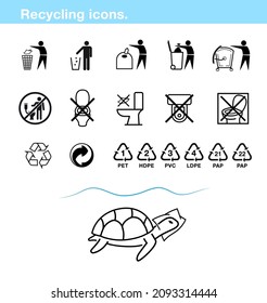 Set of icons for garbage, wipes, tissue and recycling. Ideal for use in design, packaging, etc. Ready for use in your design. EPS 10.	