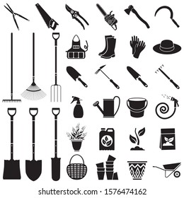 Set of icons garden tools. Contours of tools, clothes and accessories for work in the garden and vegetable garden. Vector illustration isolated on white background for design and web.