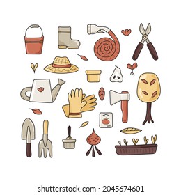 Set of icons of garden tools. Design of garden shop, garden centers. All objects are separated. Vector illustration.