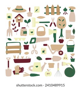 Set of icons of garden tools. Design of garden shop, garden centers. All objects are separated. Vector illustration.