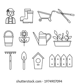 Set of icons of garden tools, seedlings, flower, gardener, isolated on white background. Household plot, agricultural work. Gardening, housekeeping. Logo, Vector illustration