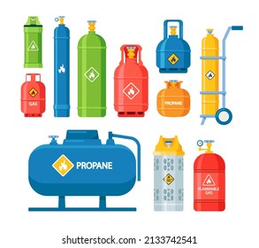 Set of Icons Gas Tanks and Cylinders with Compressed Oxygen, Propane Dangerous Flammable Liquid Isolated on White Background. Metal Canisters with Fire Labels Collection. Cartoon Vector Illustration