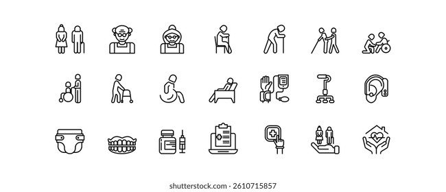 Set of icons for Geriatric Care. Editable stroke. Vector illustration	
