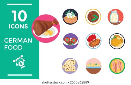 Set Icons German Food Restaurant with Collection of Delicious Cuisine Traditional and Drinks in Flat Cartoon Hand Drawn Templates Illustration