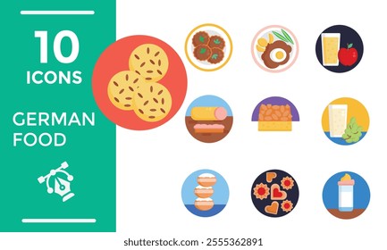 Set Icons German Food Restaurant with Collection of Delicious Cuisine Traditional and Drinks in Flat Cartoon Hand Drawn Templates Illustration