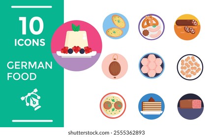 Set Icons German Food Restaurant with Collection of Delicious Cuisine Traditional and Drinks in Flat Cartoon Hand Drawn Templates Illustration