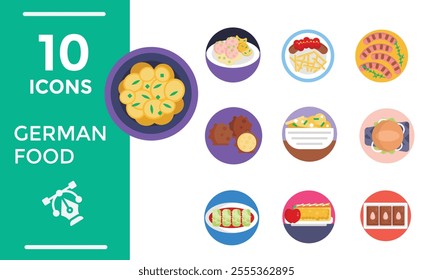 Set Icons German Food Restaurant with Collection of Delicious Cuisine Traditional and Drinks in Flat Cartoon Hand Drawn Templates Illustration