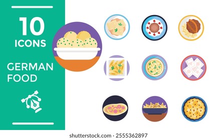 Set Icons German Food Restaurant with Collection of Delicious Cuisine Traditional and Drinks in Flat Cartoon Hand Drawn Templates Illustration