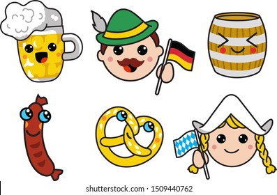 set of icons for german oktoberfest magnets menu poster. Сute animated beer mug barrel pretzel sausage and people faces. Cartoon Kawaii cute flat vector graphics white isolated
