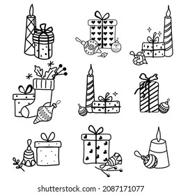 Set of icons with gift boxes, candles, Christmas balls, Christmas stocking. xmas giftbox thin line doodle drawing. Boxes of various shapes with bows. Front view. Vector illustration isolated on white 