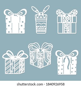 Juego de iconos, cajas de regalo para corte láser, trazador. Etiquetas para decorar las vacaciones