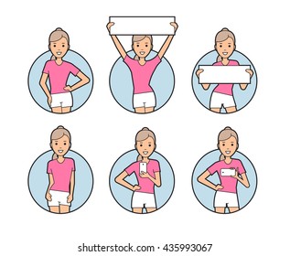 Set icons. Girl in white shorts and a pink T-shirt in various poses. Sport women. Vector illustration