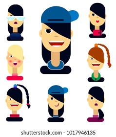 set of icons with girl. young girl in a cap, cartoon character, avatar, emotions, girl with a pigtail, girl with glasses, funny 