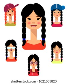 set of icons with girl. young girl in a cap, cartoon character, avatar, emotions, girl with a pigtail, girl with glasses, funny, with pigtails