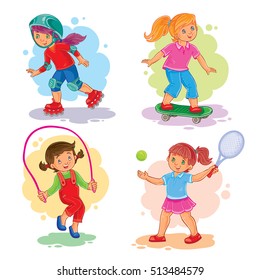 Set icons of girls playing tennis, jumping rope, skating