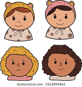 Set of icons of girls, teenagers. Female face various types signs thin line Icon set Include of avatar user, portrait or person head. Vector illustration of icons