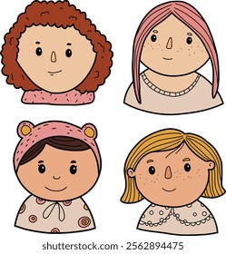 Set of icons of girls, teenagers. Female face various types signs thin line Icon set Include of avatar user, portrait or person head. Vector illustration of icons