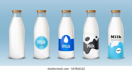 Set of icons glass bottles with a milk