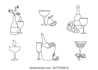 set of icons glass of wine champagne hand drawn vector illustrations, drawing doodle design, for card, invitations, party, wedding, birthday, menu, website, business