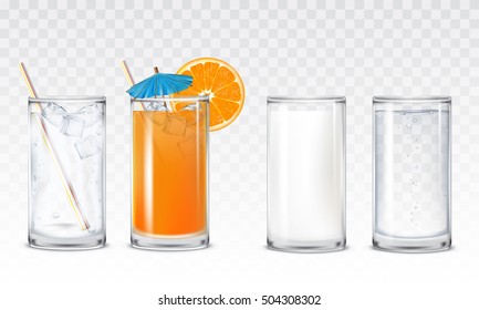 Set Icons Glasses With Water, Juice And Milk