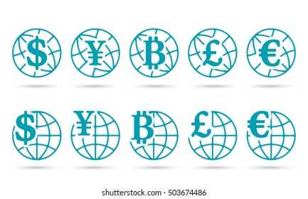 Set of icons globe with different currencies