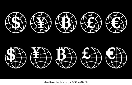 Set of icons globe with different currencies