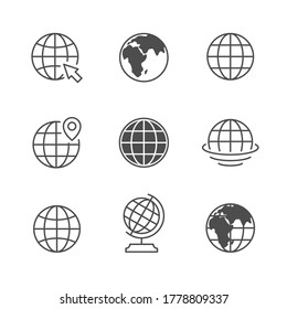 Set icons of globe or planet earth isolated on white. Map concept, international sign, world symbol, geography equipment. Vector illustration