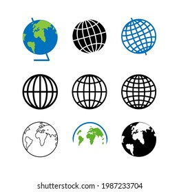 Conjunto de íconos para el globo del planeta tierra. Paralelos y meridianos en el icono negro. Colección de vectores Iconos con color de continentes y negro.